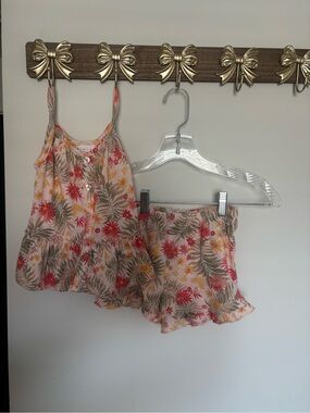 btween girls Pink Floral Tank & Ruffle Shorts Set